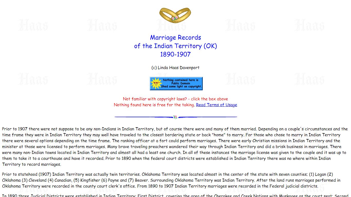 Location of Early Indian Territory Marriage Records