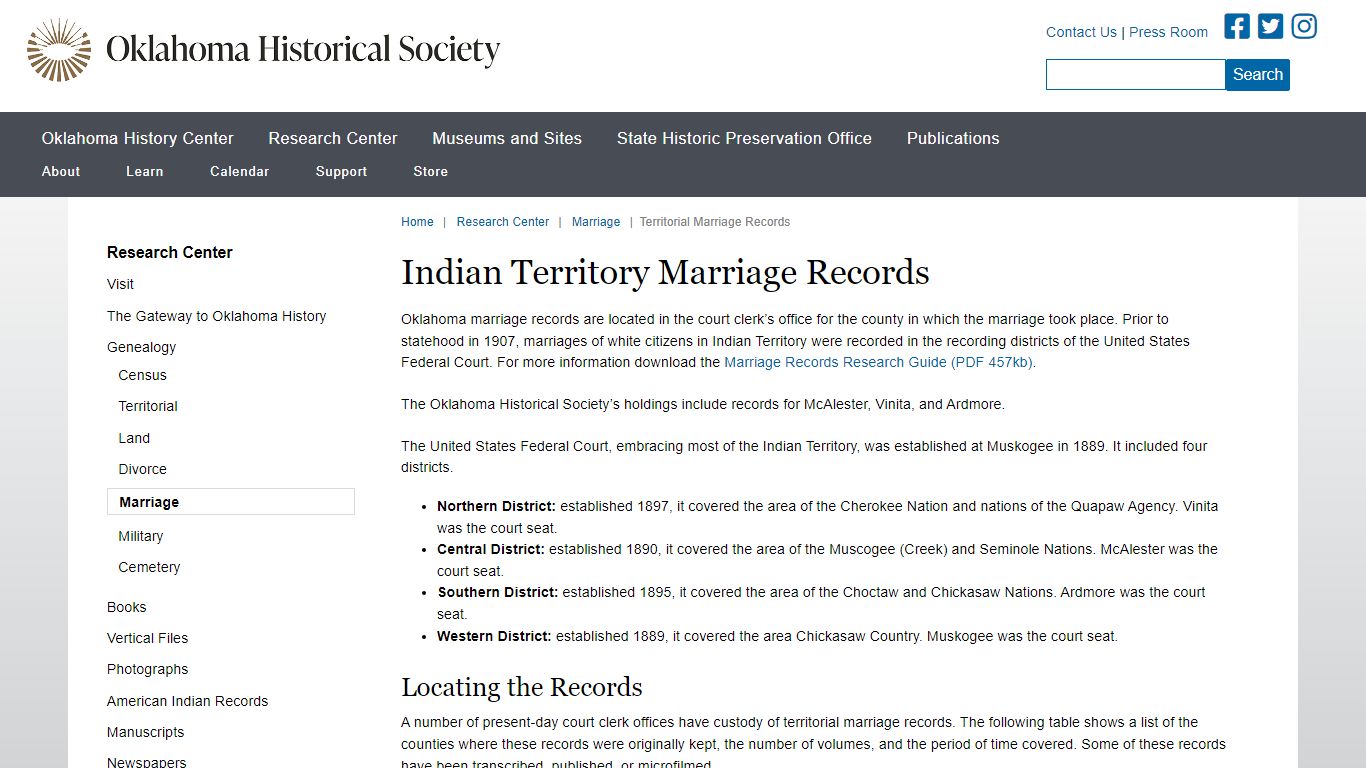 Territorial Marriages | Oklahoma Historical Society